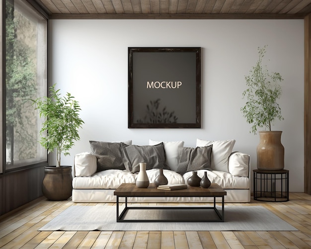 Template Photoshop Mockup Painting on the wall above the sofa with pillows in the living room by the window illustration AI generated