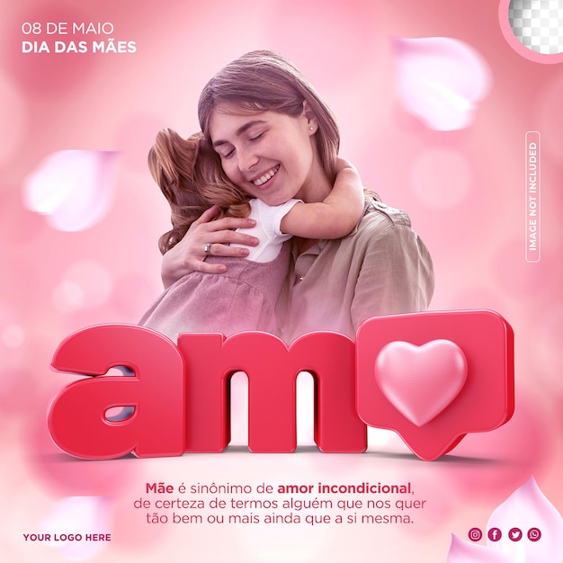 Template social media mother's day in portuguese 3d render for marketing campaign dias das maes