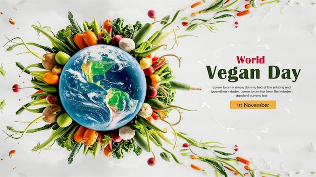 PSD template for world vegan day celebration arrangement with vegetables and globe