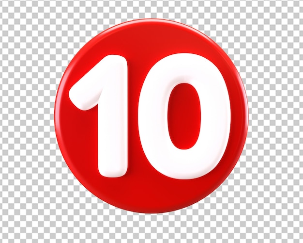 Ten number 10 on red circle icon 3d