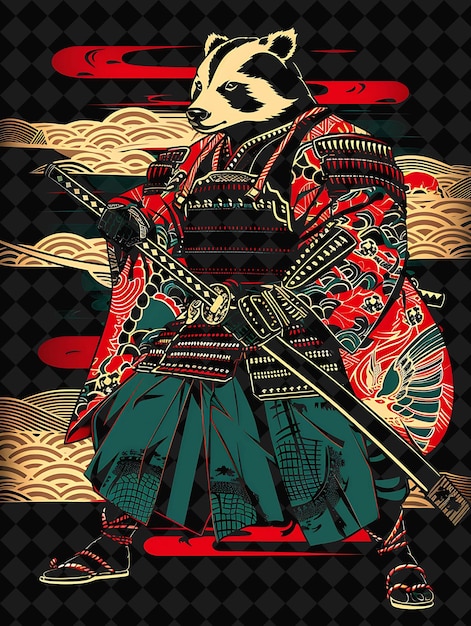 Tenacious Badger Samurai Portrait Carrying a Naginata in a D Illustration Animal Warrior Character