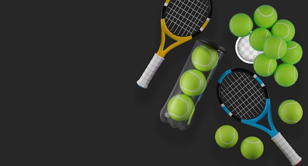 Tennis background with rackets and balls 3d illustration