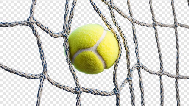 PSD tennis ball caught in net isolated on a transparent background