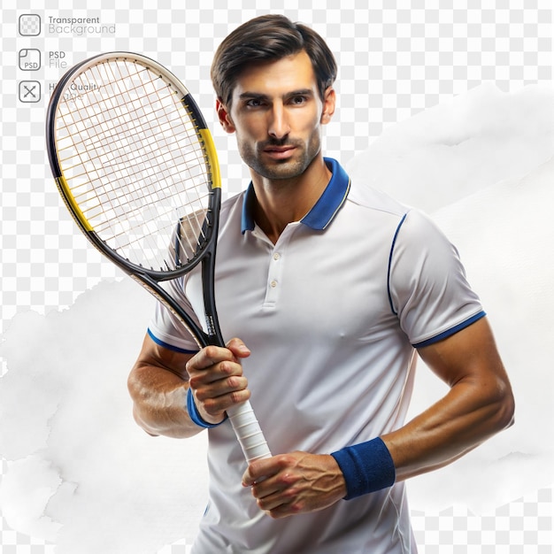 PSD a tennis player wearing a white shirt poses confidently with a racket