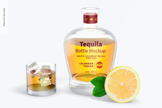 Tequila Bottle with Glass Mockup