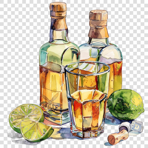 Tequila bottles and shot glasses mexican illustration