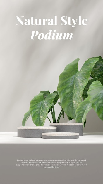 Terrazzo and concrete texture podium 3d rendering mockup in portrait with alocasia plant background