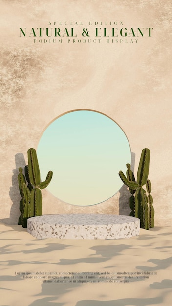 TERRAZZO PODIUM WITH CACTUS AND SAND FOR PRODUCT DISPLAY