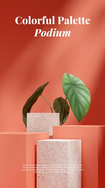 terrazzo and red podium  in portrait green caladium house plant 3d render scene template