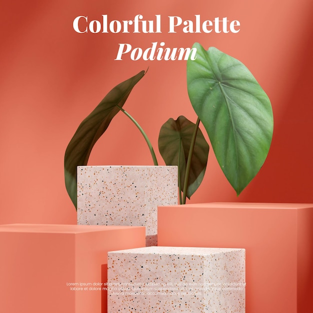 terrazzo and red podium  in square green caladium house plant 3d render scene template