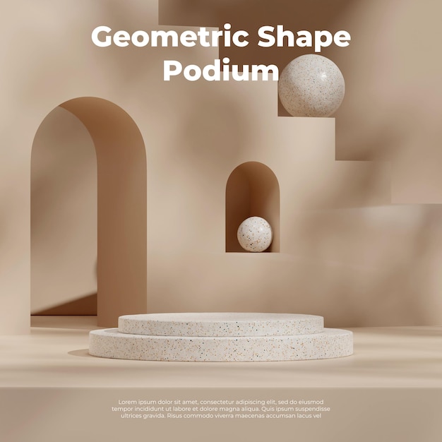 Terrazzo texture podium 3d render mockup template in square with brown arch stairs and sphere