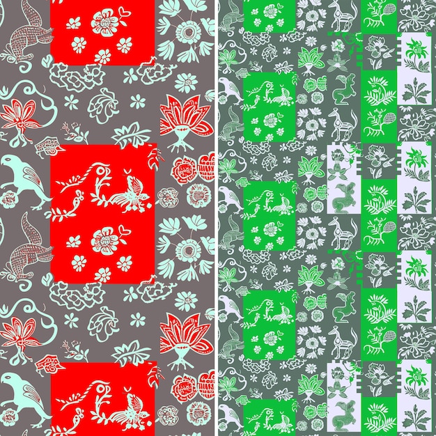 Thai Silk Patterns With Stylized Floral and Animal Motifs in Creative Abstract Geometric Vector