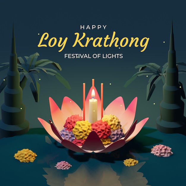 Thailand Loy krathong festival on river at night design background