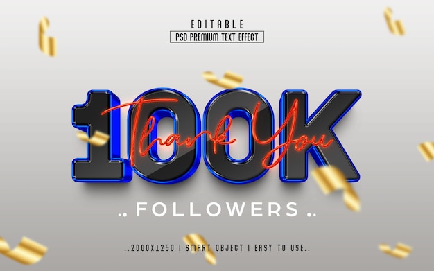 Thank you 100k followers 3d Editable Text Effect PSD With  Premium Background