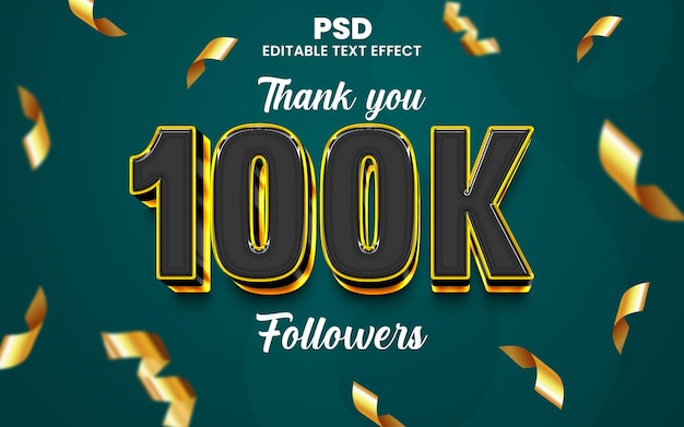 Thank you 100k followers luxury 3d editable text effect Premium Psd with background