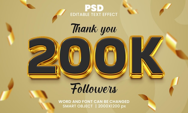 Thank you 200k followers 3d editable text effect Premium Psd with background