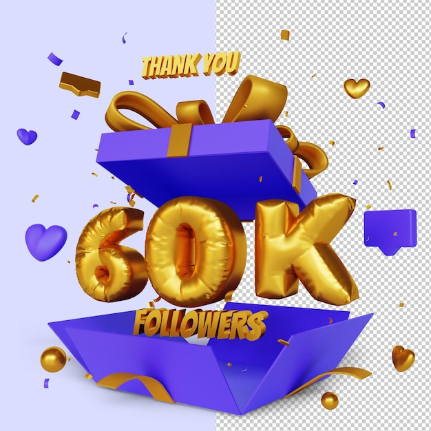 Thank you 60k followers 3d render with open gift box congratulation concept