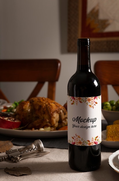 Thanksgiving arrangement with mock-up wine packaging