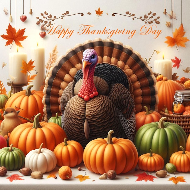 PSD a thanksgiving card with a turkey and pumpkins on it