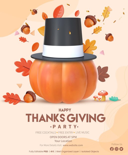 PSD thanksgiving poster template with 3d rendering pumpkin with hat and falling autumn leaves