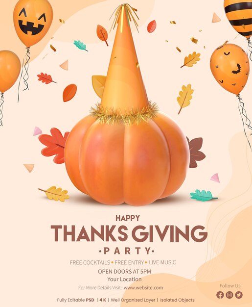 PSD thanksgiving poster template with 3d rendering pumpkin with party hat balloons and autumn leaves