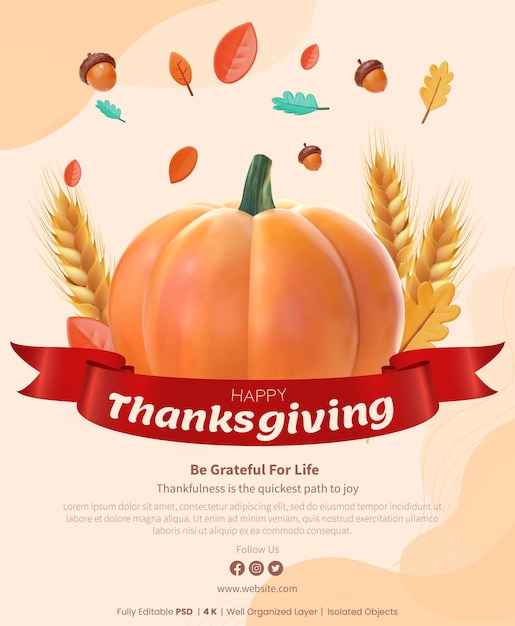 PSD thanksgiving poster template with 3d rendering pumpkin with wheat and falling autumn leaves