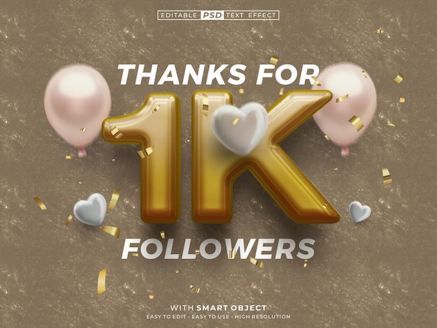 PSD thankyou 1k followers and subscribers banner with 3d text style effect