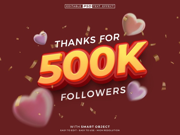 PSD thankyou 500k followers and subscribers banner with 3d text style effect