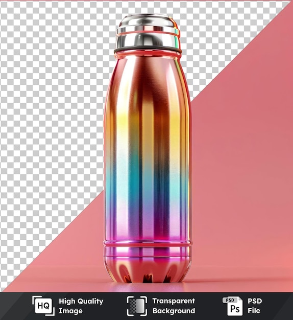 thermos bottle with rainbow stripes on a pink background