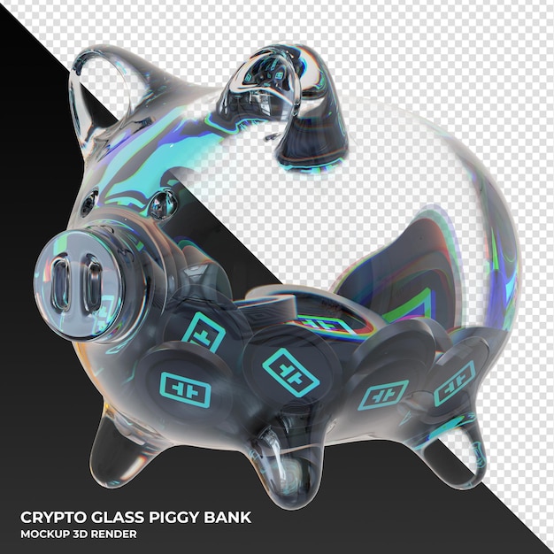 Theta Network THETA coin in clear glass piggy bank 3d rendering