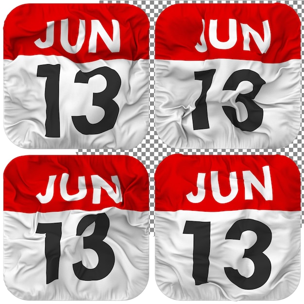 Thirteenth 13th June Date Calendar Icon Isolated Four Waving Style Bump Texture 3D Rendering