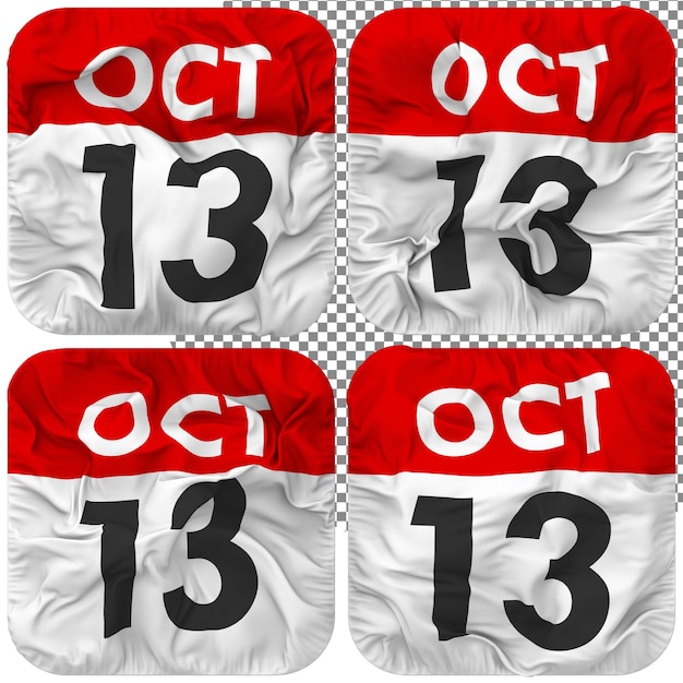 Thirteenth 13th October Date Calendar Icon Isolated Four Waving Style Bump Texture 3D Rendering