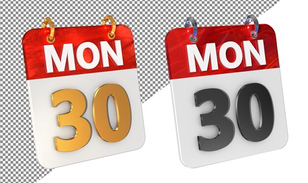 Thirtieth 30th Monday Date 3D Icon Isolated Gold amp Glossy 3D Rendering