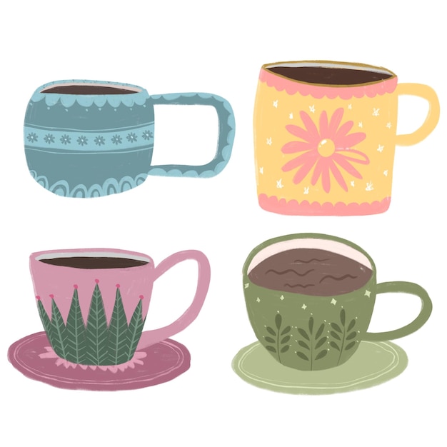 This is a design element collection of handdrawn illustrations featuring cups of tea