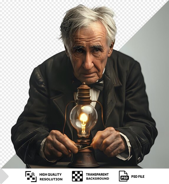 PSD thomas edison an elderly man holding a light bulb in front of a white wall in a black jacket