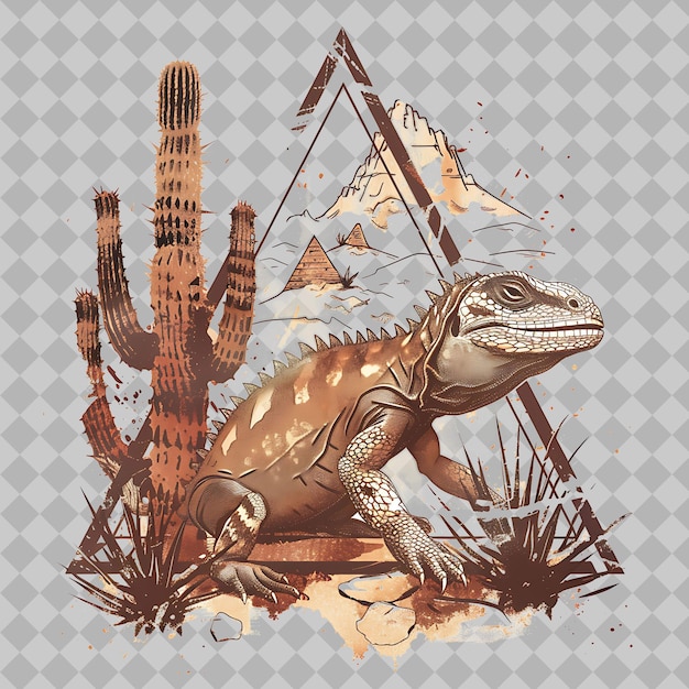 PSD thorny devil animal inside a silhouette triangle cactus ador png watercolor animal designs