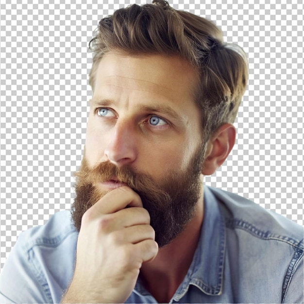 PSD thoughtful bearded male with blue eyes being deep on transparent background