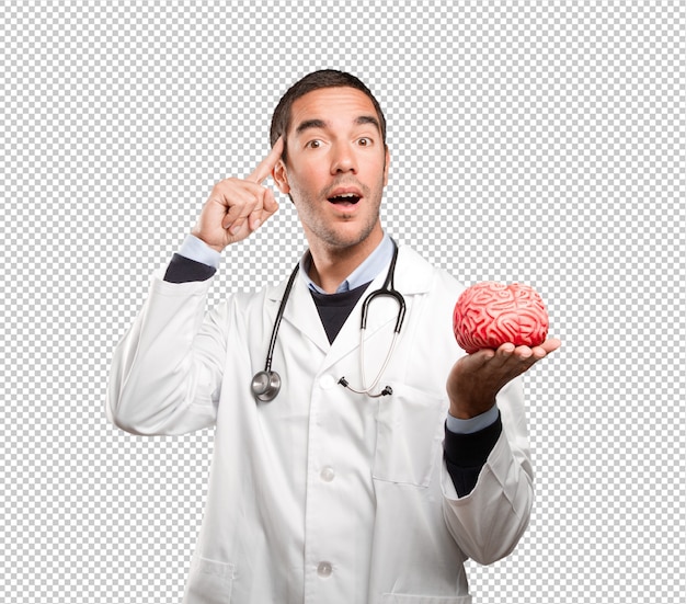 Thoughtful doctor holding a toy brain against white background