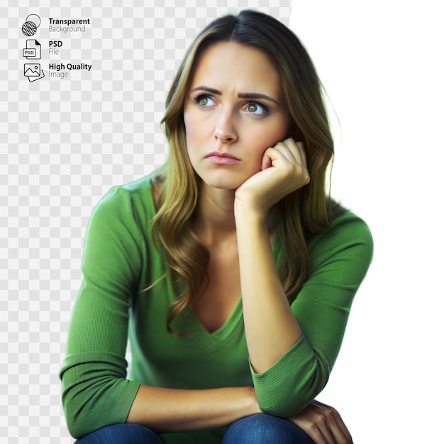 Thoughtful Young Woman in Green Sweater Sitting Indoors in Daytime