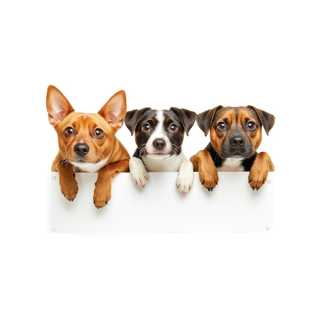 PSD three adorable dogs peeking over a blank sign