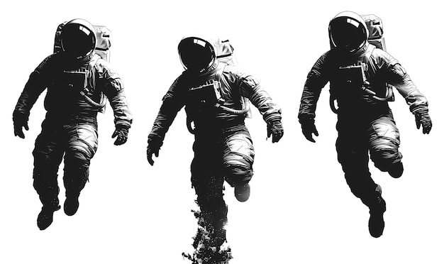 PSD three astronauts are floating weightlessly in their space suits