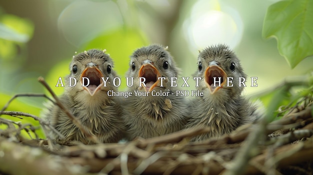 Three Baby Birds with Open Mouths in a Nest