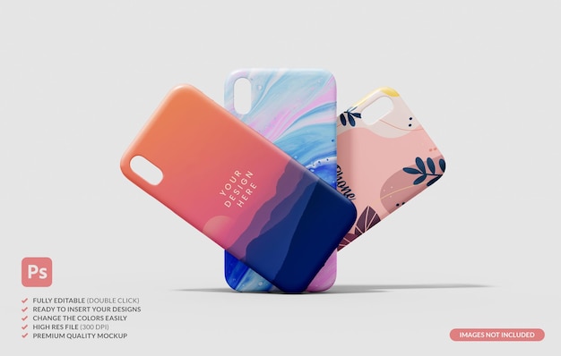 Three back plastic protector phone cover mockup on a neutral color background for branding design presentation in 3D illustration