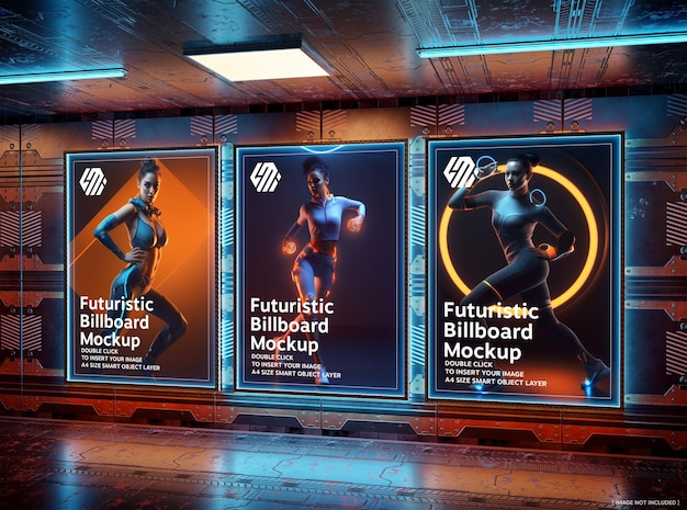 Three billboards in futuristic city interior Mockup