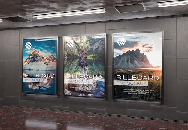 Three billboards on underground subway wall Mockup