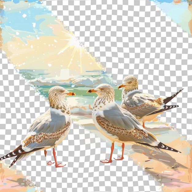 PSD three birds are standing on a beach and one has a picture of a bird on it