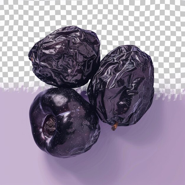 three black olives are on a purple background