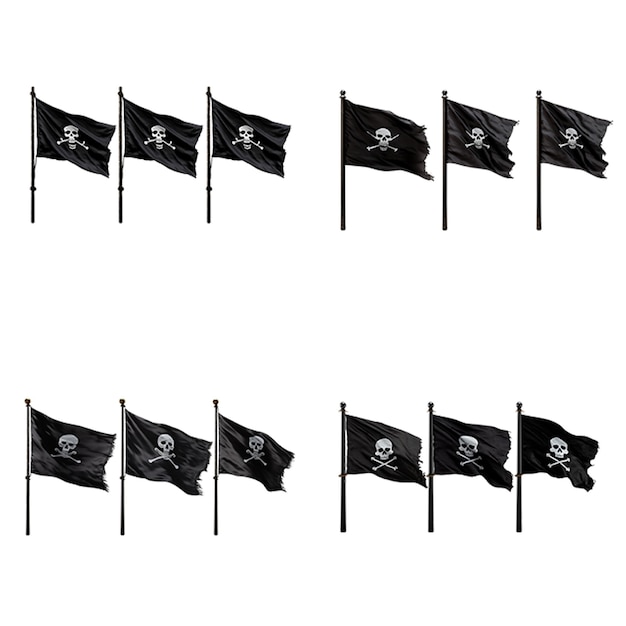 PSD three black pirate flag isolated on transparent background