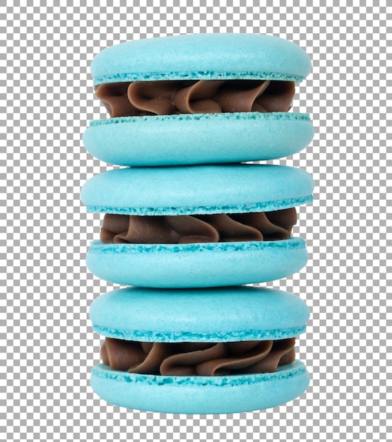 Three blue macarons with chocolate cream isolated