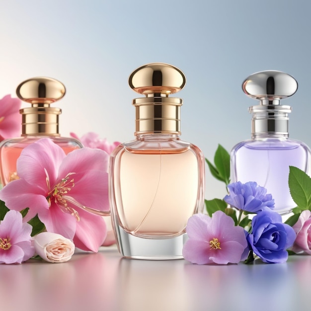 PSD three bottles of perfume with flowers and a blue background